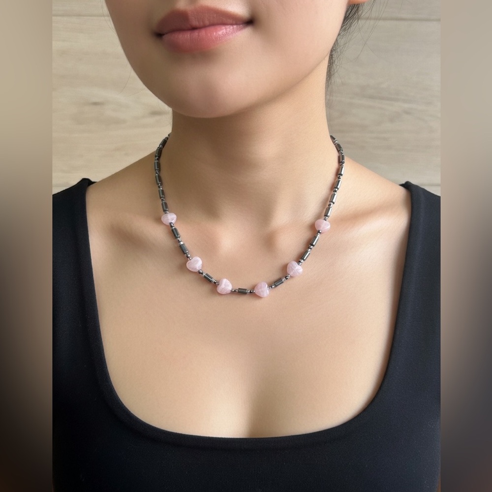 Heart Shaped Rose Quartz and Hematite Bead Necklace, 18”